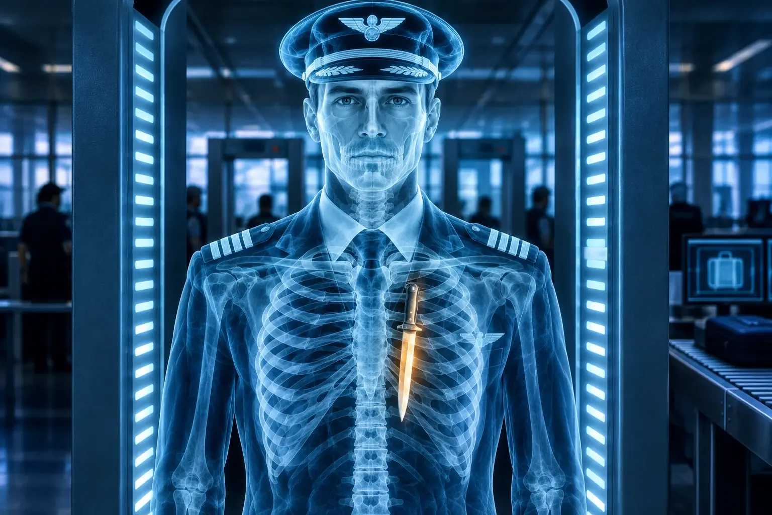 Röntgenachtig portret van een piloot met een mes op de plek van het hart, voor een securityscanner.