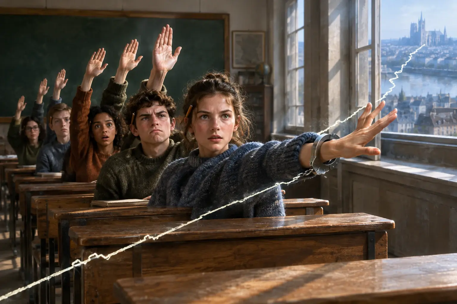 Leerlingen in klas steken hand op; een arm reikt over een kaartlijn en wordt met handboei vastgegrepen