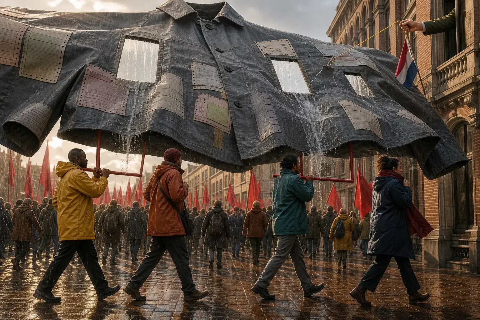 Een vakbondsstoet draagt een reusachtige regenjas met meerdere gaten, terwijl vanuit een overheidsvenster één te kleine reparatielap wordt neergelaten.