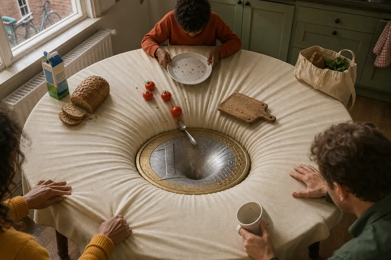 Drie bewoners proberen servies en tafelkleed vast te houden terwijl een enorme euromunt midden in hun ontbijttafel alles naar beneden trekt.