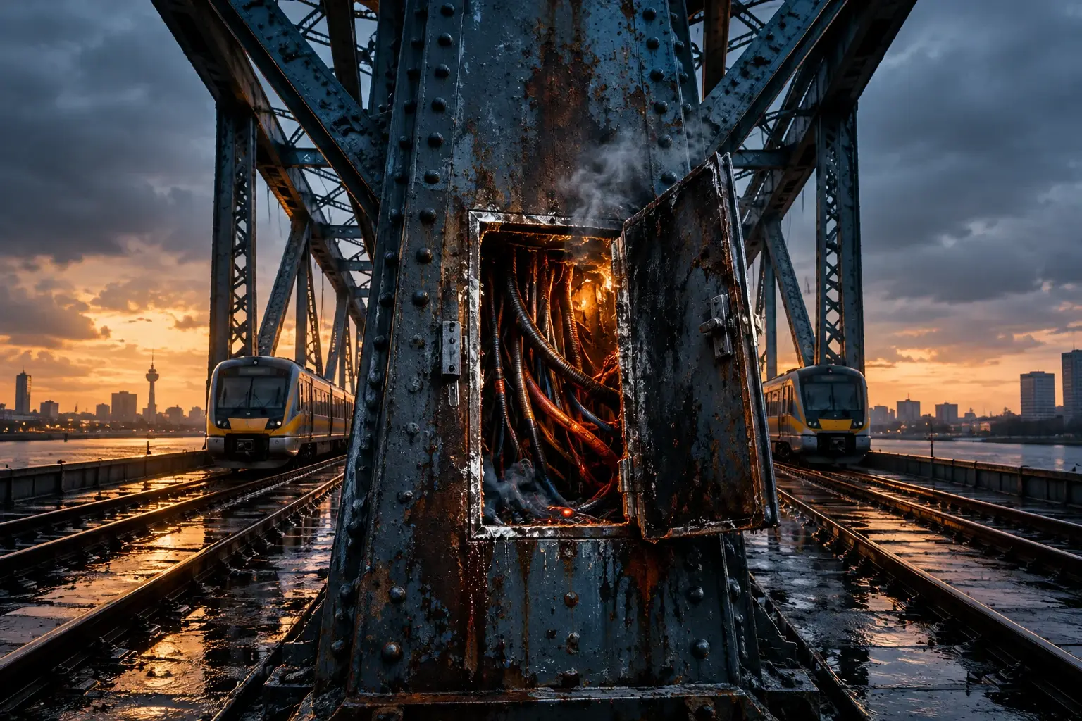 Kunstzinnig beeld van een enorm stalen spoorbrugpantser met een klein opengeslepen deurtje en smeulende kabels, terwijl treinen wachten.