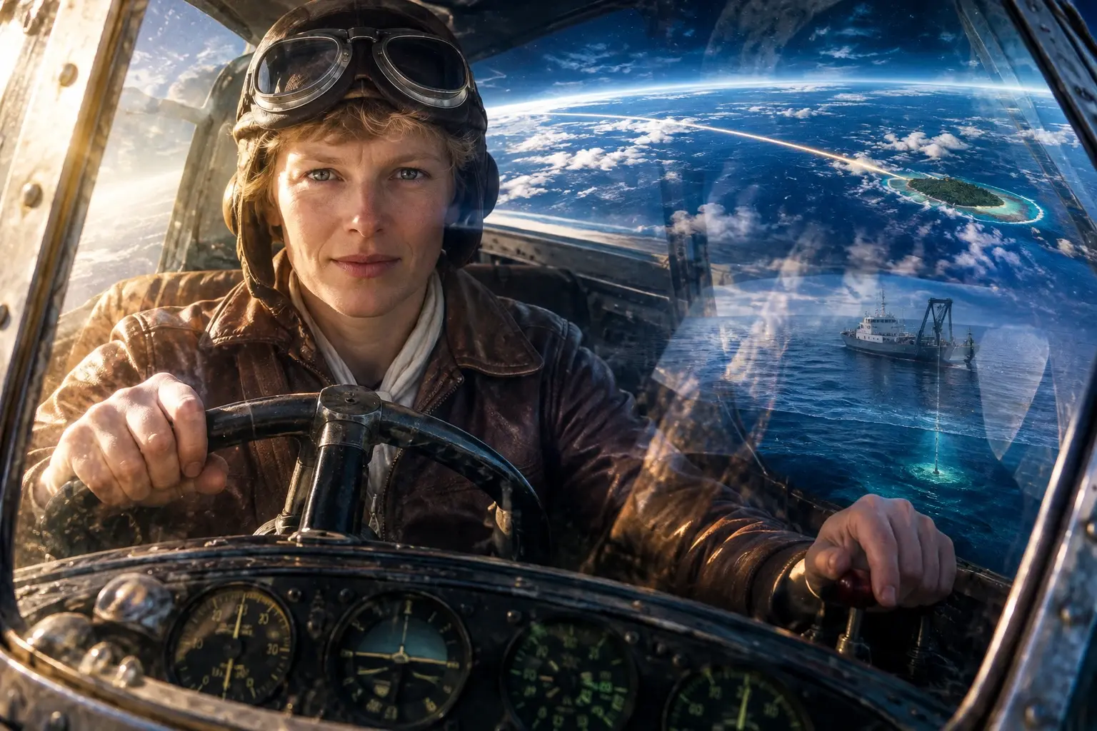 Amelia Earhart in de cockpit van haar vliegtuig, met in het glas de weerspiegeling van een latere expeditie bij een eiland.