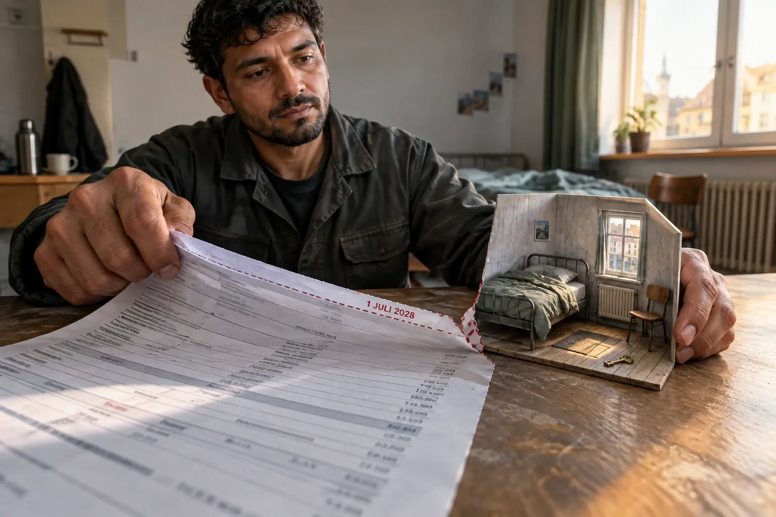 Een werknemer trekt een loonstrook onder een miniatuurhuurkamer vandaan; langs de datum 1 juli 2028 komt het kwart met de kamer los en blijft zelfstandig staan.