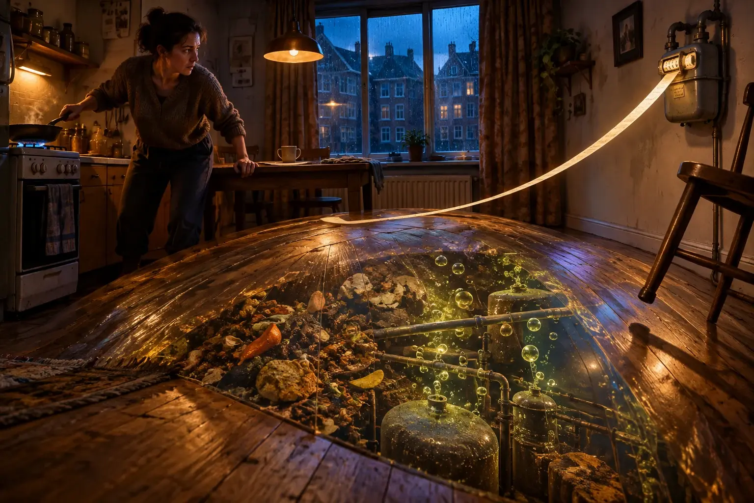 Een bewoner houdt een pan en tafel recht terwijl een doorschijnende woonkamervloer opbolt boven een miniatuurwereld van vergisting en groen gas.