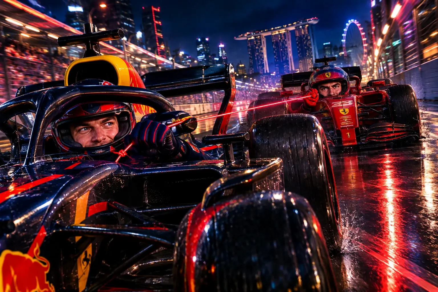 Max Verstappen houdt in nachtelijk Singapore een gespannen rode draad vast tussen zijn Red Bull en de Ferrari van Charles Leclerc.