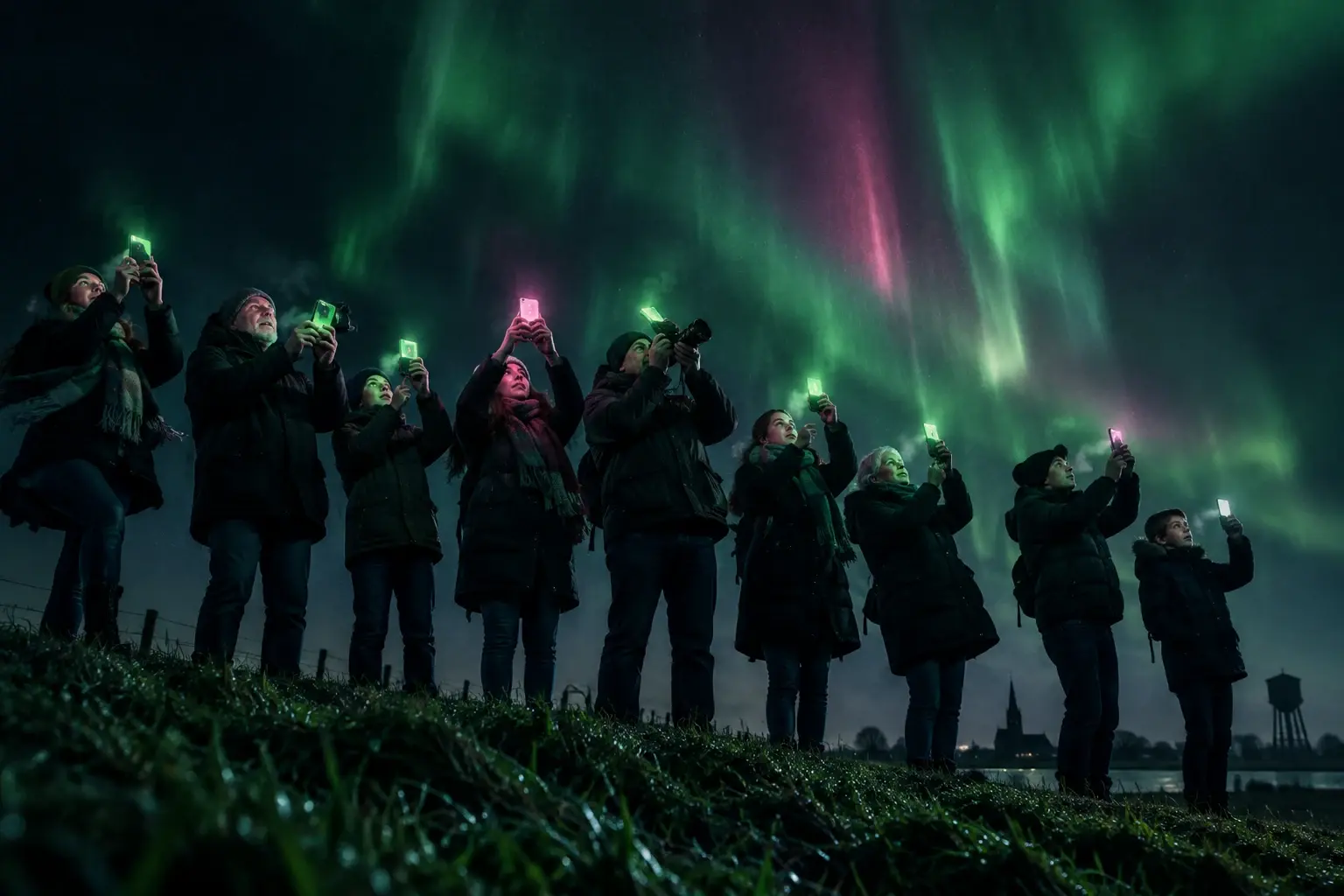 Mensen op een donkere Nederlandse dijk kijken naar een zwarte hemel; alleen hun telefoonschermen gloeien groen, als enige vorm van noorderlicht.