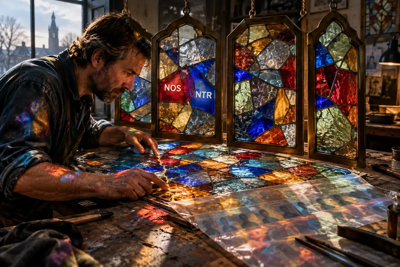 Een restaurator probeert een barst te stoppen terwijl een veelkleurig glas-in-loodraam door vier zware kaders wordt herverdeeld; NOS en NTR raken elkaar binnen hetzelfde kader.