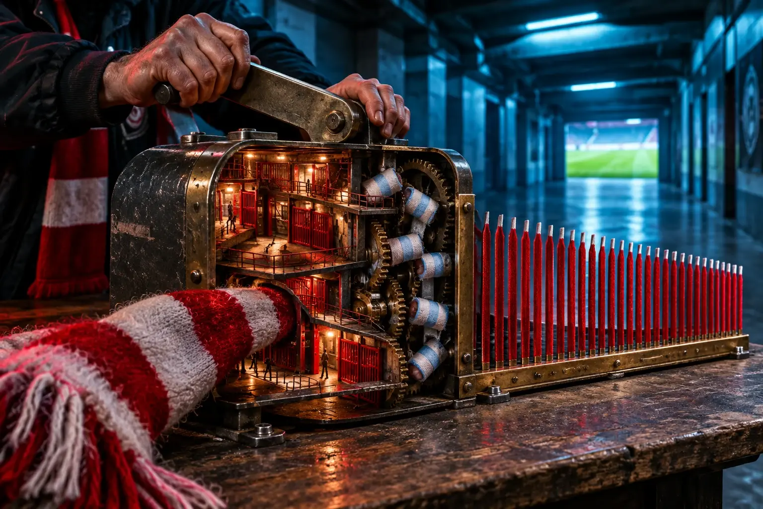 Een stadionmedewerker bedient een kaartknipper waarin een Feyenoord-sjaal verandert in 47 traliestroken, terwijl zeven blauw-witte verbandstukken het mechanisme blokkeren.