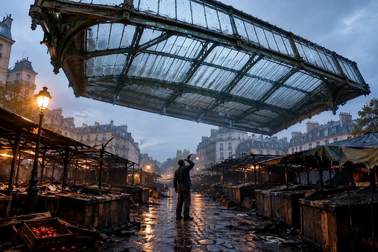 Surrealistisch ochtendbeeld van de Marché des Enfants Rouges: het marktdak zweeft als een deksel boven zwartgeblakerde kramen, één marktmedewerker kijkt omhoog.