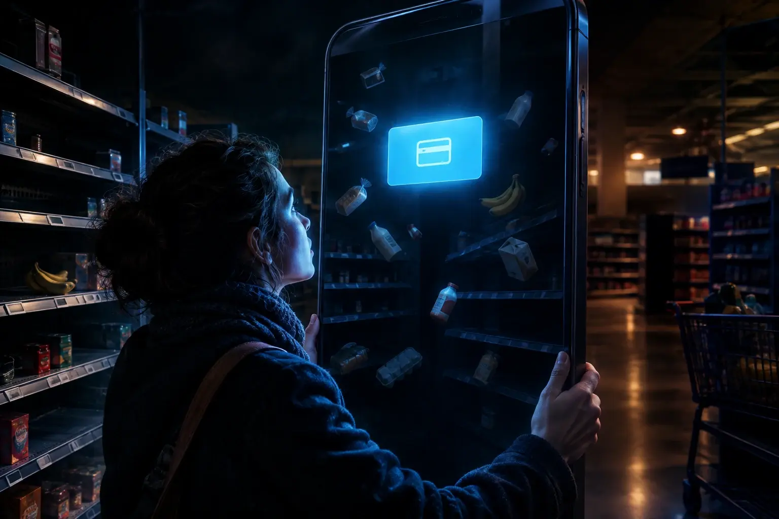 Een klant houdt een donkere Albert Heijn-app omhoog waarin alleen de bonuskaart licht; achter het scherm zweven levenloze boodschappen.