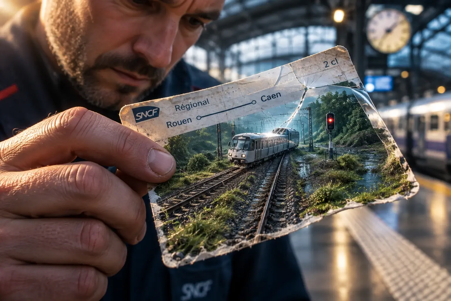 Een spoorwegmedewerker houdt een treinkaartje vast waarin een complete miniatuurroute tussen Rouen en Caen ligt, beschermd door gebarsten transparant laminaat.