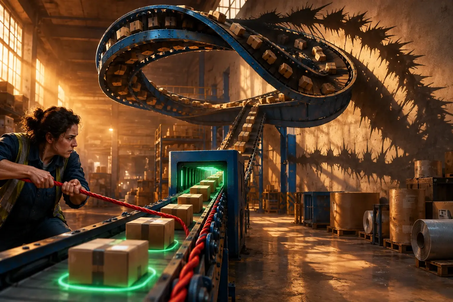 Een depotmedewerker trekt aan een noodkoord terwijl honderden dozen op een onmogelijke Möbiusband door een groen oplichtende scanner blijven gaan en zwarte stekelschaduwen werpen.