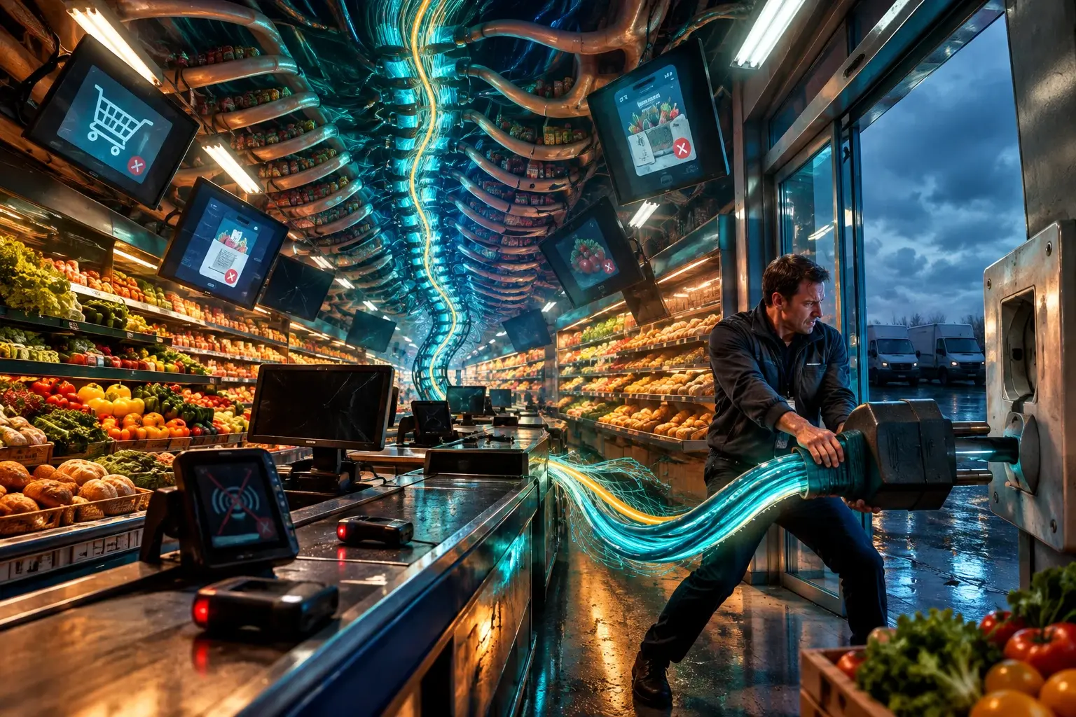 Een systeembeheerder trekt een enorme digitale stekker uit een supermarkt die als lichaam is getekend; schermen en bezorgbussen vallen stil.
