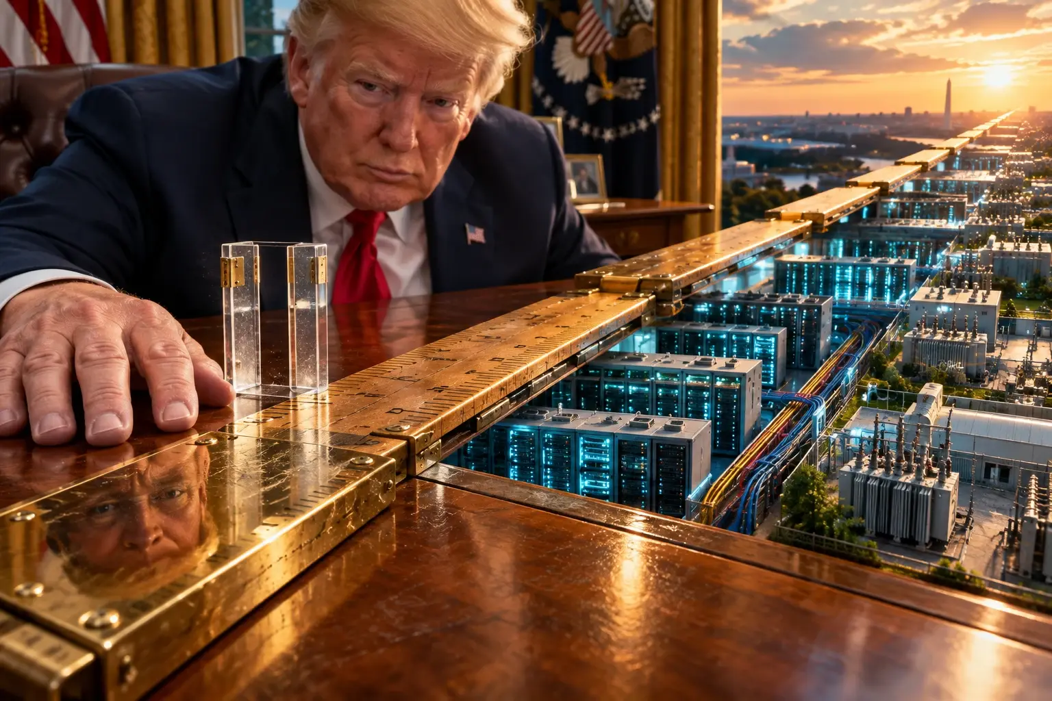 Donald Trump zit achter een bureau waarop een bekraste liniaal verandert in een miniatuur-AI-landschap en zichzelf tot voorbij de horizon verlengt.
