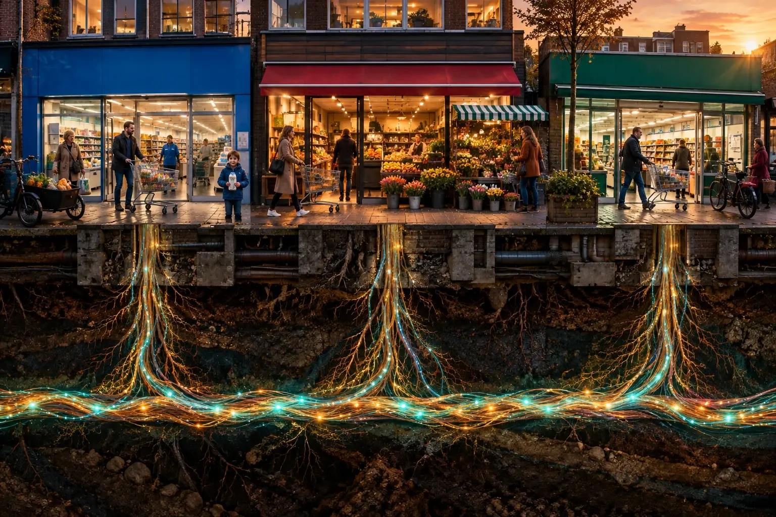 Doorsnede van een winkelstraat waarin drie supermarktketens via wortels en datakabels uit één ondergrondse streng groeien.