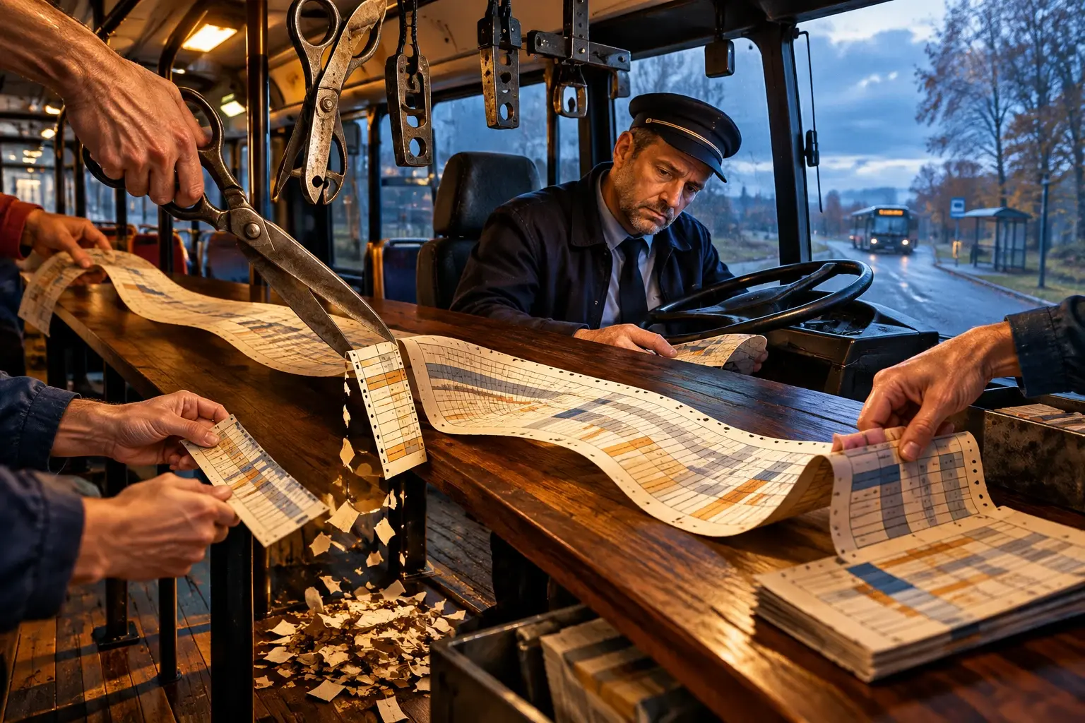 Een lange roosterstrook loopt door een buscabine op een snijtafel; scharen snijden pauzes eruit, handen rekken de dag.