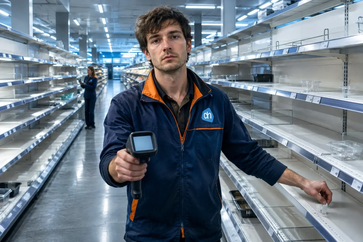 Medewerker met lege handscanner in fel verlichte, lege supermarktgang; achter hem een collega, voor hem holle vakken.