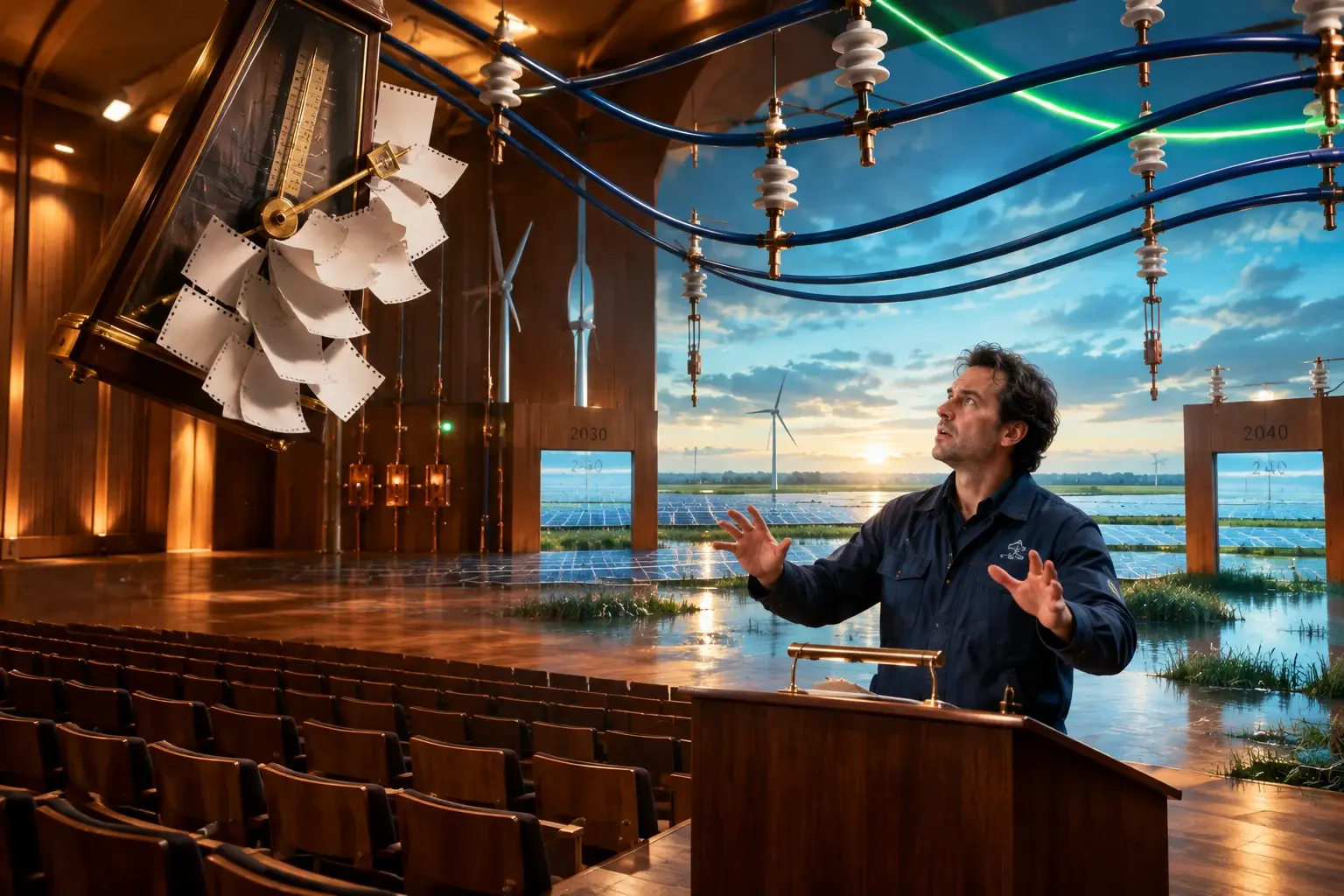 Een netcoördinator houdt zijn inzet vast in een concertzaal die overgaat in een energiesysteem, terwijl kalenderbladen de grote metronoom blokkeren.