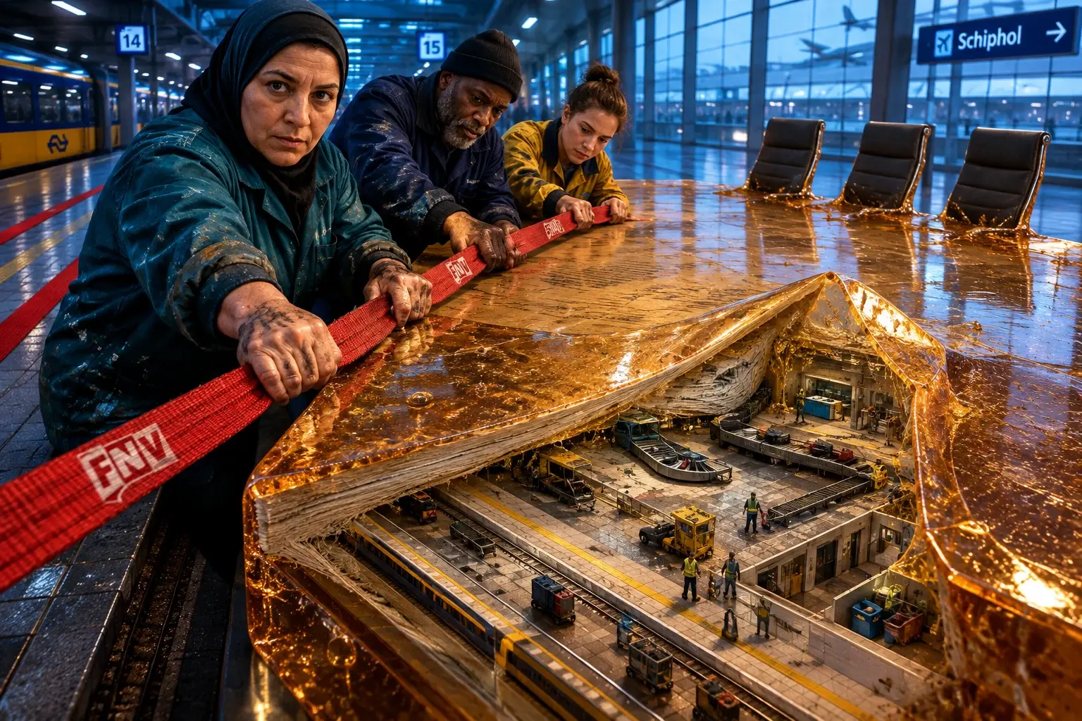 Drie schoonmakers trekken met rode banden een hoek los van een reusachtig, in hars verzegeld cao-document; onder het papier verschijnt een miniatuurwereld van station en luchthaven.