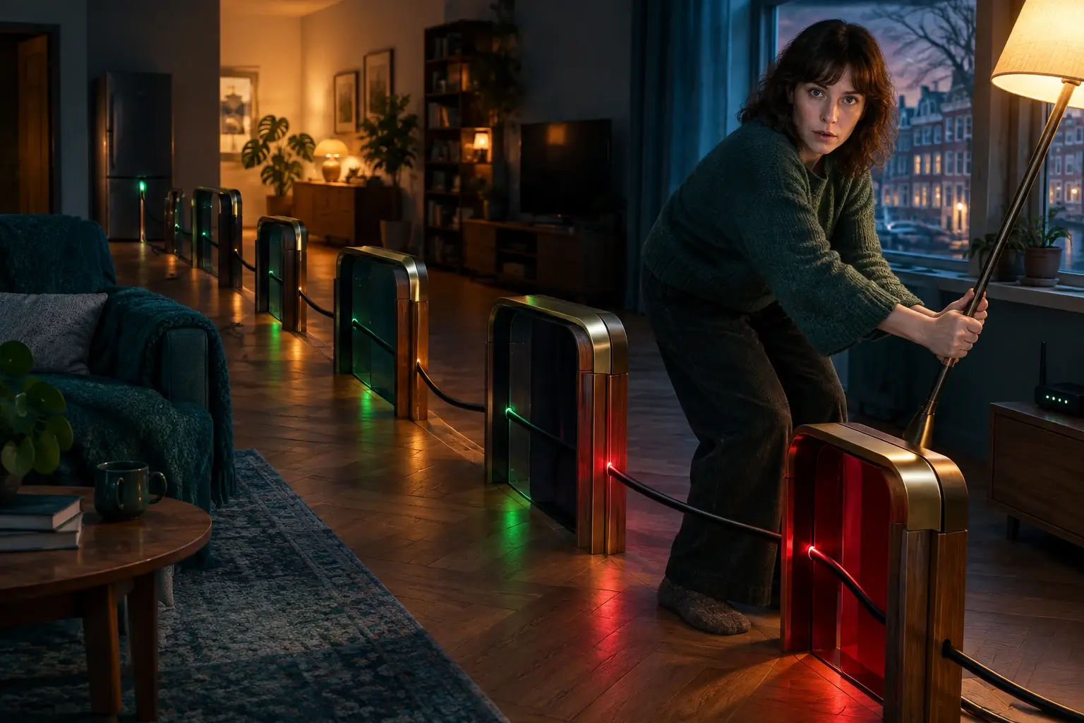 In een woonkamer lopen alle elektriciteitssnoeren door toegangspoortjes; een bewoner kijkt verbaasd wanneer een poort het snoer van de vloerlamp tegenhoudt.
