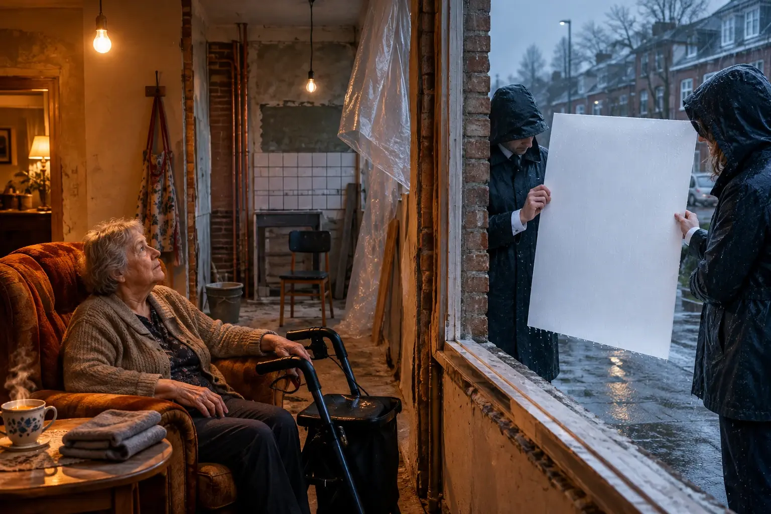 Een oudere vrouw zit in haar half afgebouwde woonkamer terwijl buiten twee ambtenaren een lege bouwtekening tegen het raam houden