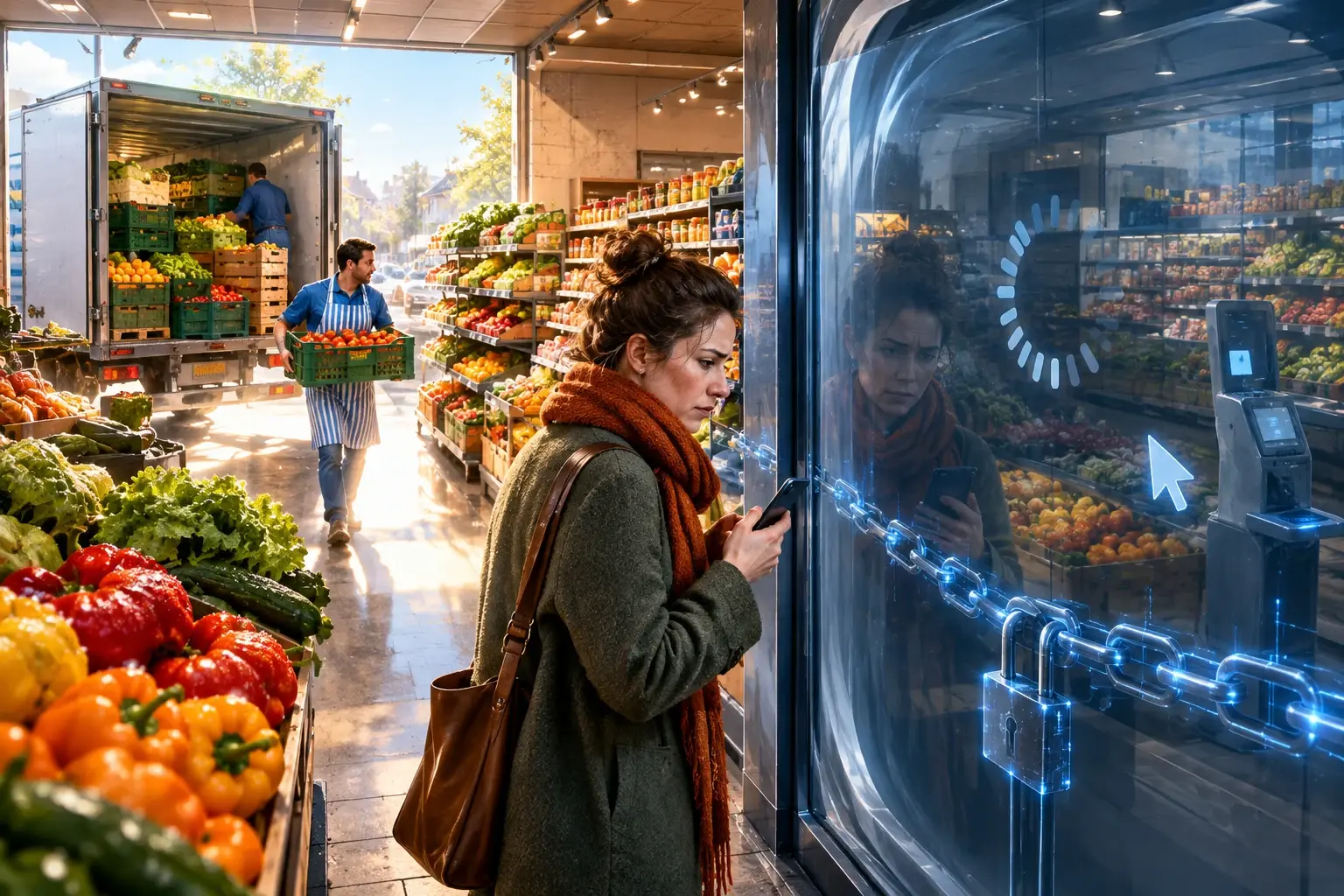 Surreële supermarkt met open laaddeur vol verse waar en een glazen voordeur als bevroren browserscherm, met klant en medewerker.