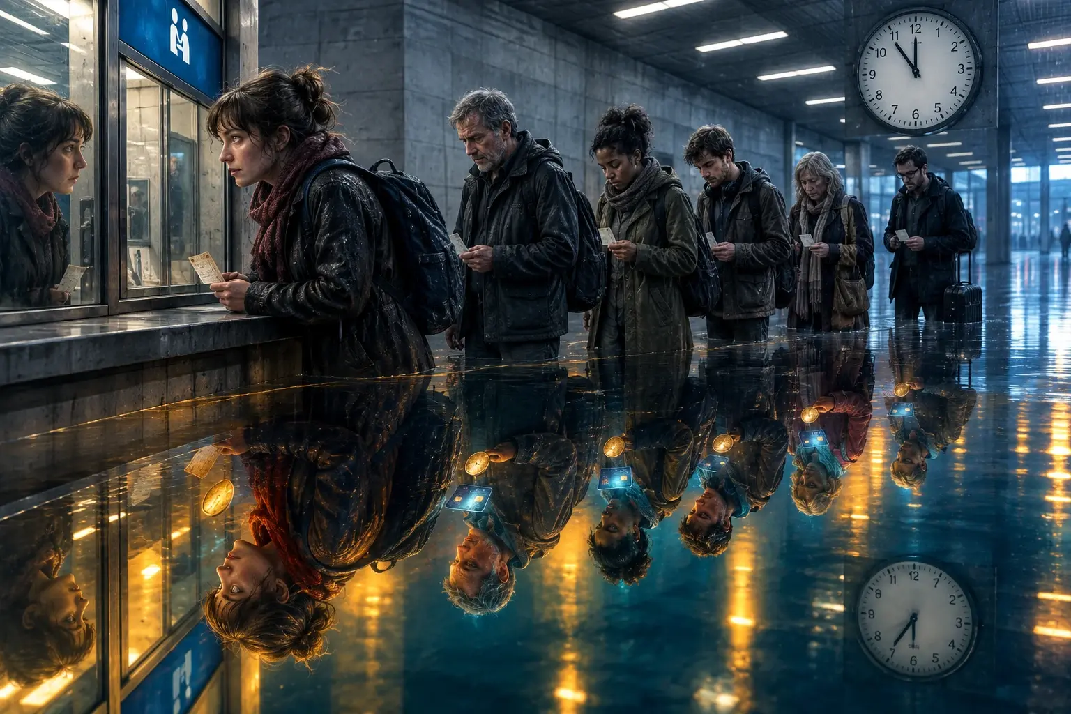 Een wachtrij staat stil boven een spiegelvloer, terwijl de reflecties achteruitlopen en kaartjes in geld veranderen; alleen de stationsklok blijft op hetzelfde late tijdstip staan.