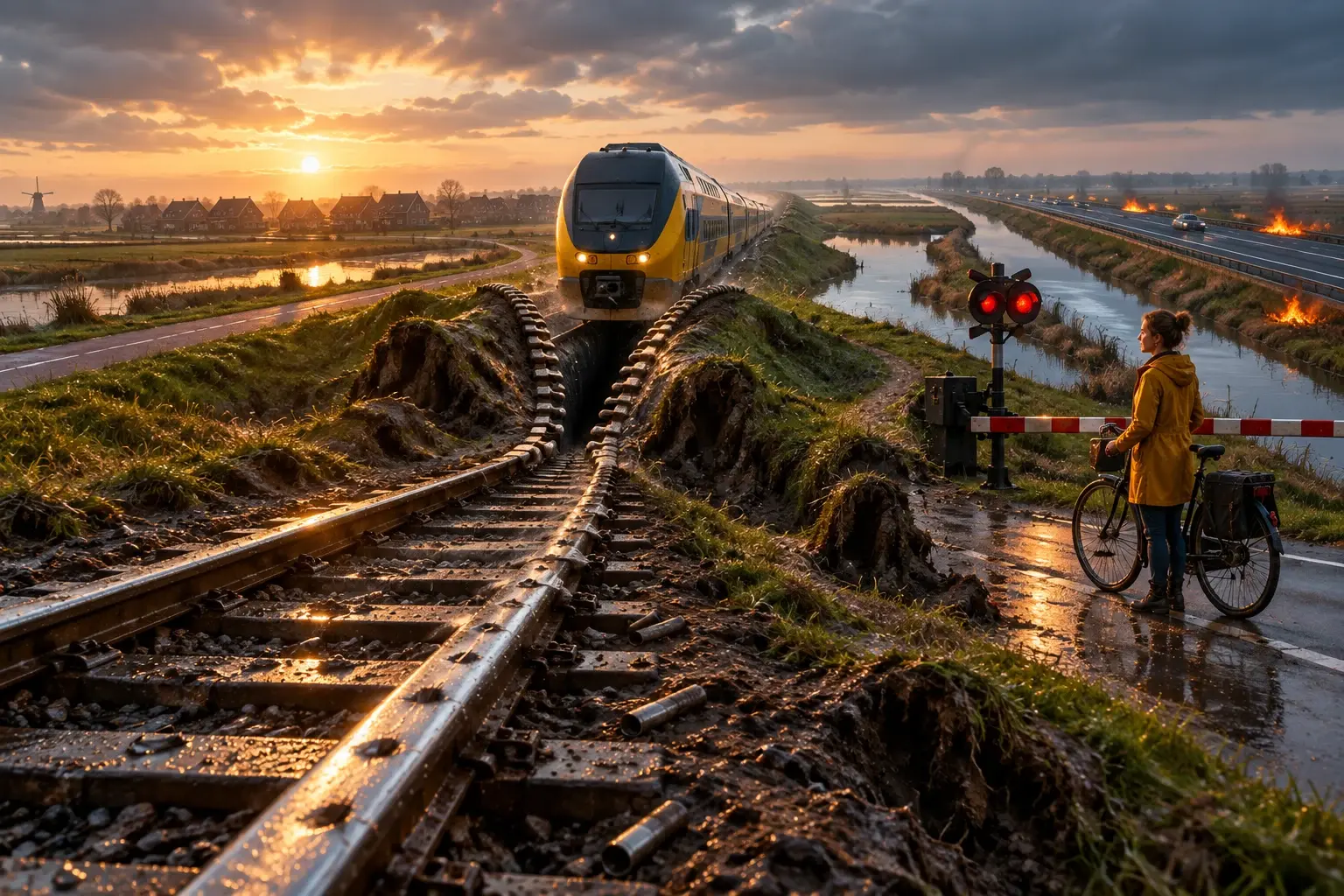 Een trein trekt als ritsschuiver een opengespleten polderlandschap weer bijeen, terwijl een fietser bij de overweg toekijkt.