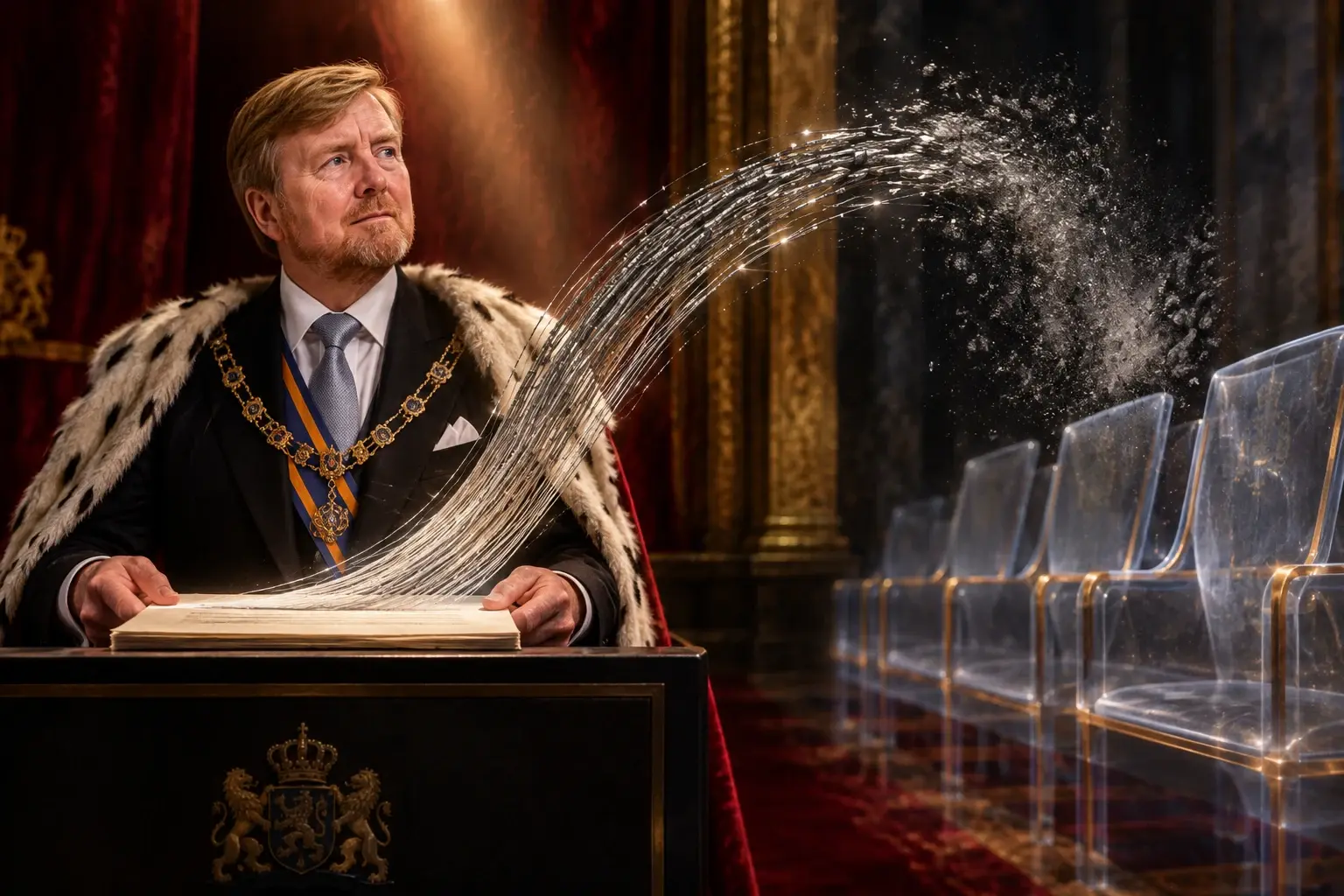 Koning Willem-Alexander staat herkenbaar bij de troonrede terwijl een boog van grafiet vóór de politieke zetels uiteenvalt.
