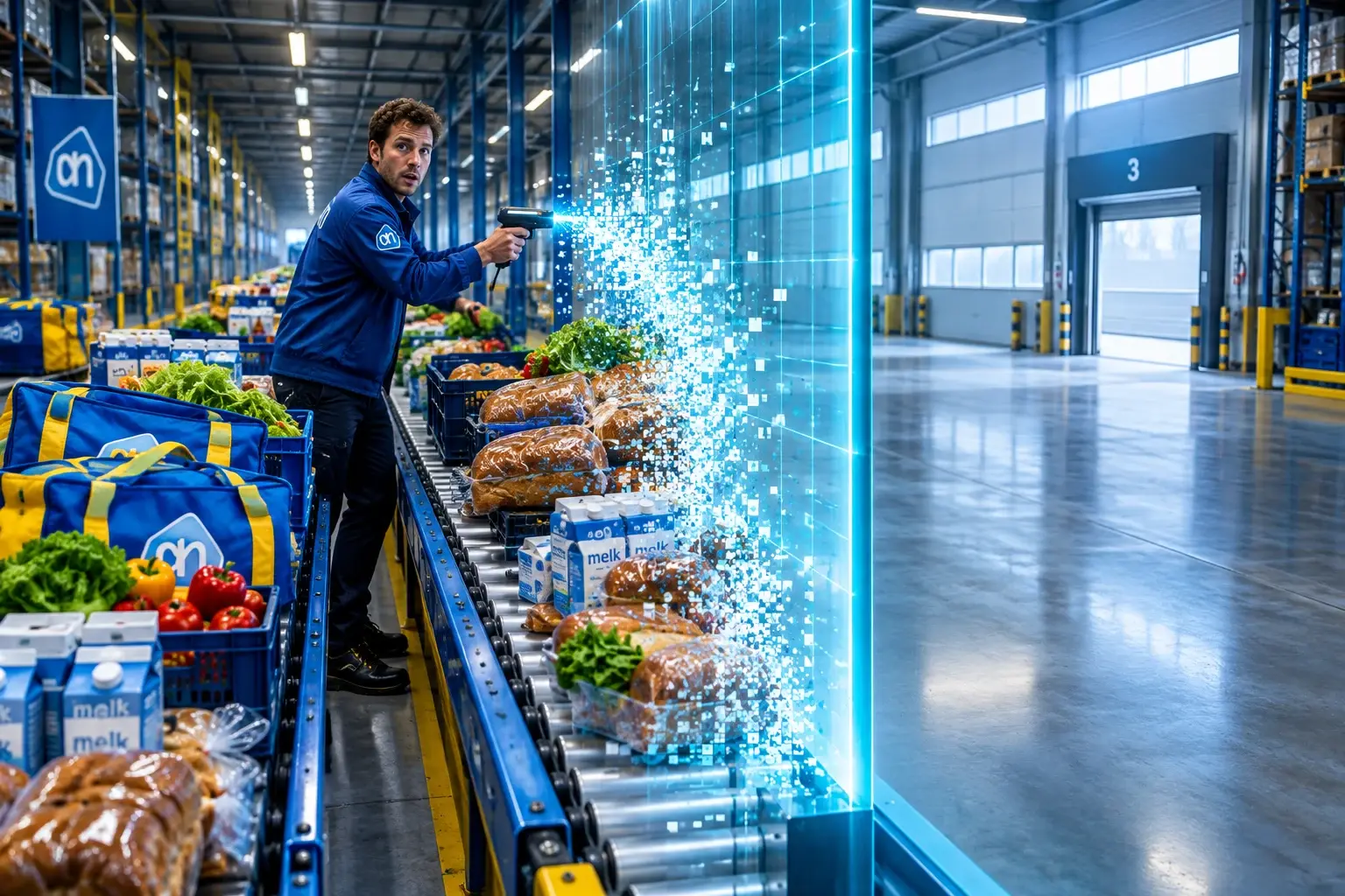 Bezorgband in een distributiecentrum stopt bij een glazen wand van scannerlicht; boodschappen lossen aan de rand op in pixels terwijl een medewerker scant.