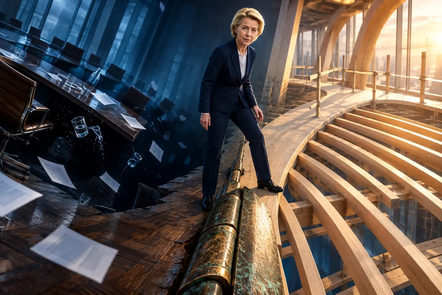 Ursula von der Leyen test een nieuwe, zichzelf dragende vloer terwijl de vergaderzaal achter haar over een enorm koperen scharnier wegkantelt.