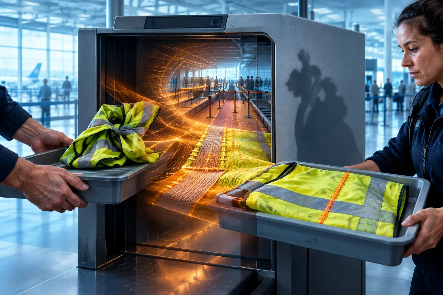Een verknoopt veiligheidshesje gaat een Schiphol-scanner in en komt met een feloranje reparatienaad naar buiten, terwijl zijn schaduw verknoopt blijft.