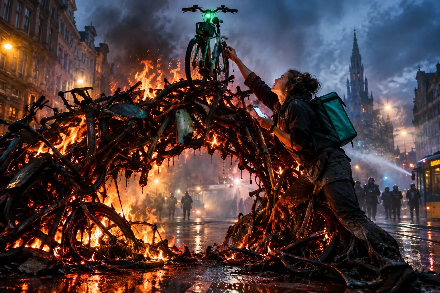 Een brandende barricade van deelfietsen in Brussel; een jonge vrouw probeert een fiets met knipperend groen lampje uit de vlammen te bevrijden.