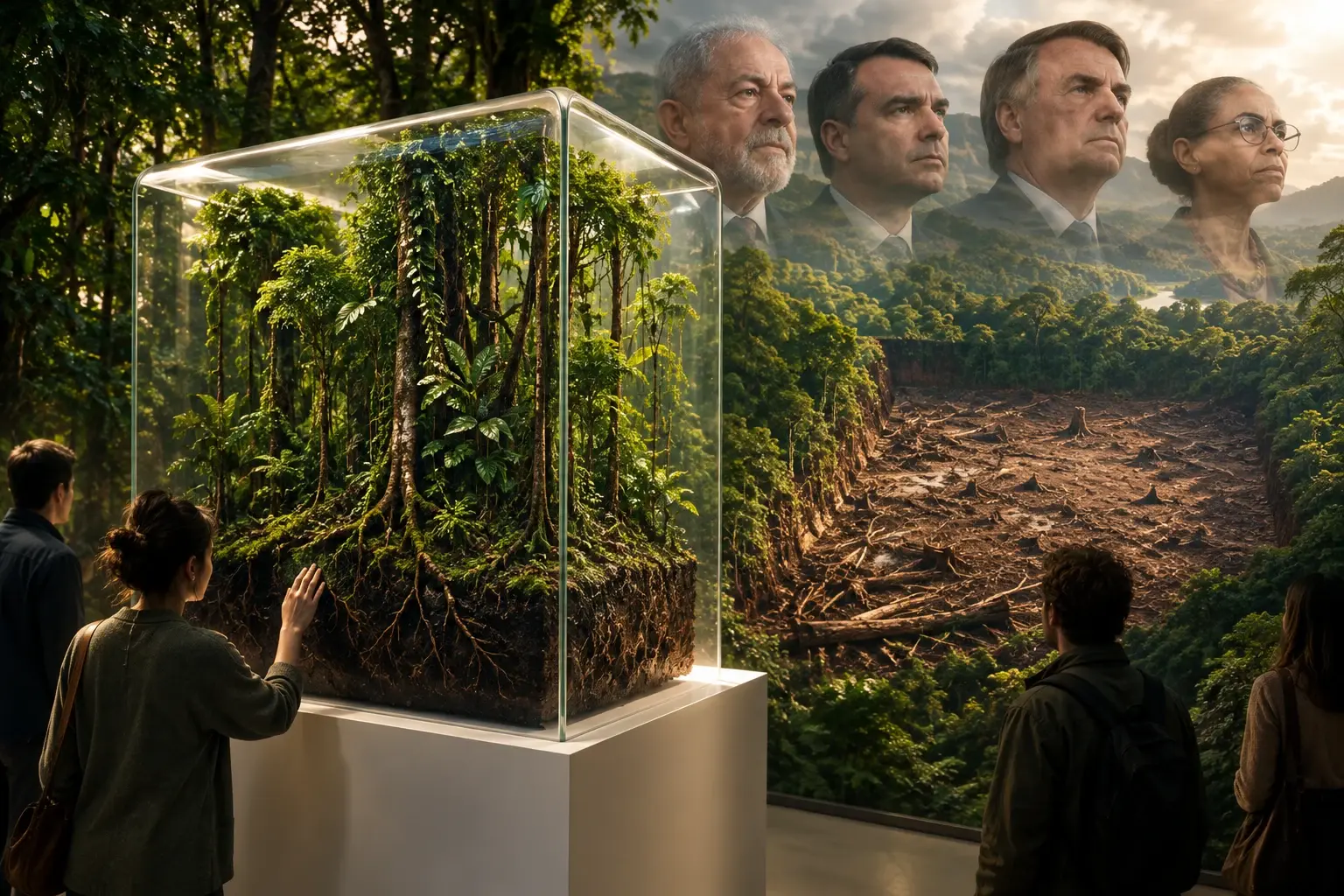 Een groot blok Amazonebodem staat onder glas op een museale sokkel; erachter gaapt een even groot kaal gat in het bos.