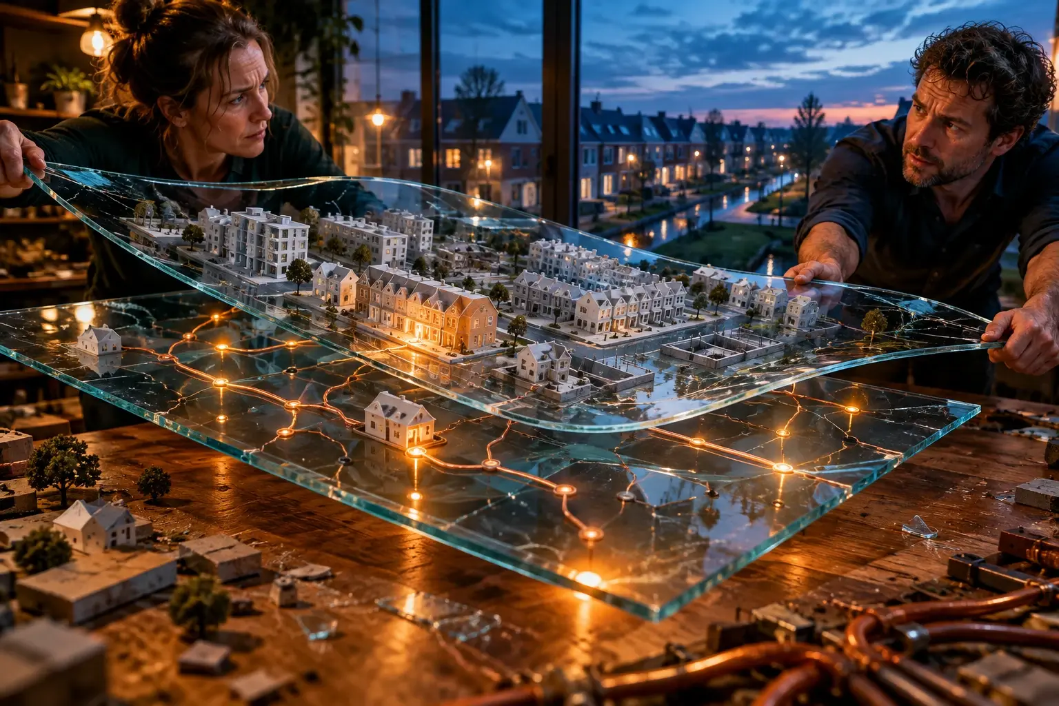 Twee planners trekken golvende glazen kaarten met woningminiaturen en koperen netlijnen langs elkaar, waardoor verbindingen steeds net verkeerd vallen.