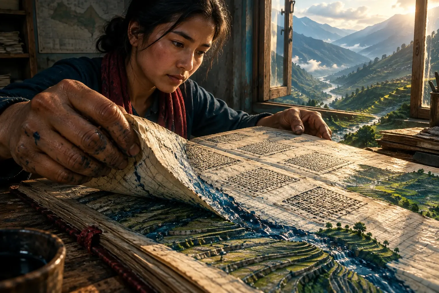 Een Nepalese gegevensmedewerker opent een vochtig register waarvan de pagina’s veranderen in een overstroomd berglandschap en een nieuw registratieveld onthullen.