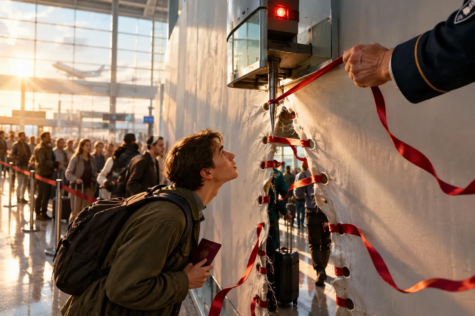 Een marechaussee-hand naait een opengebarsten terminalwand met grove steken dicht; reizigers glippen door de gaten.