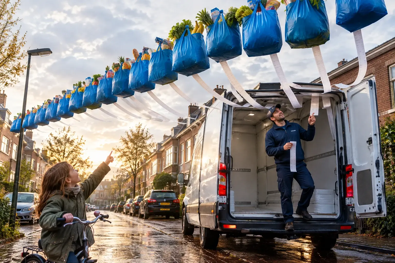 Blauwe boodschappentassen zweven aan lange kassabonnen boven een stilstaande bezorgbus; bezorger en kind kijken omhoog.