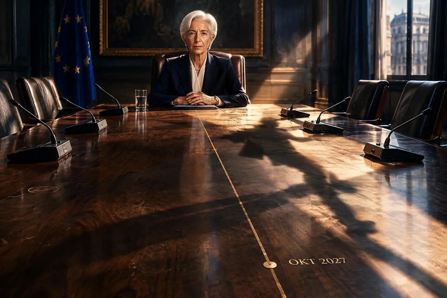 Christine Lagarde blijft aan een bestuurstafel zitten terwijl haar losgeraakte schaduw vóór de markering oktober 2027 uit beeld loopt.
