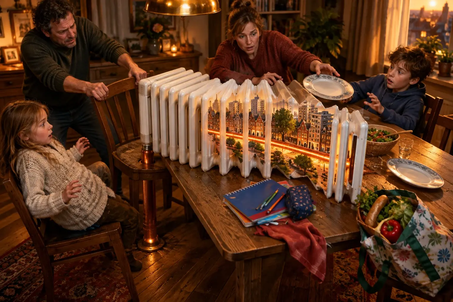 Een uitdijende radiator zit als vijfde huisgenoot aan tafel, vastgeklonken aan één leiding en met een complete miniatuurwarmtenetwijk in zijn binnenwerk.