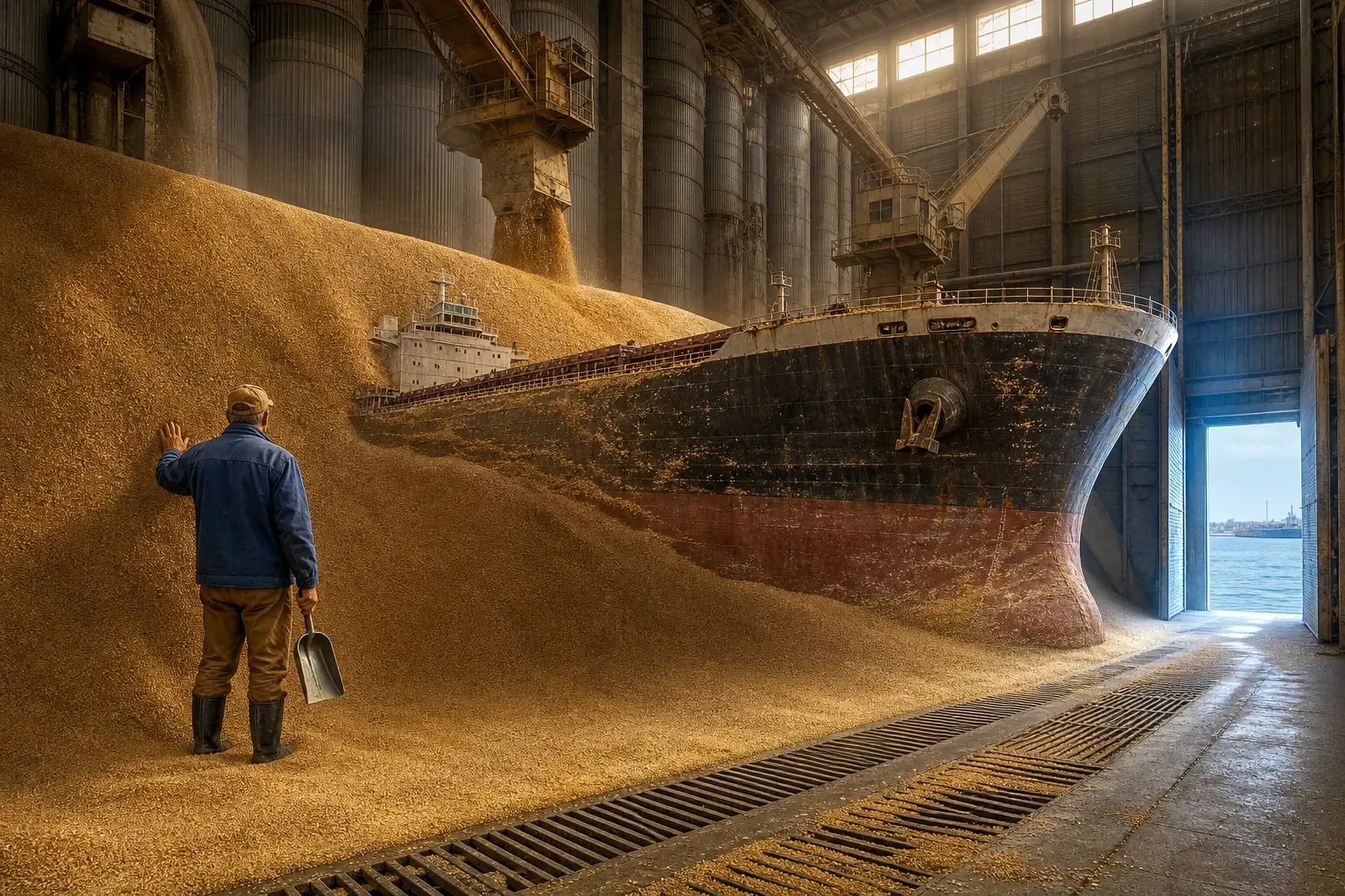 Een boer staat in een graanloods voor een bulkschip dat als een fossiel in een monumentale massa samengeperst graan vastzit.
