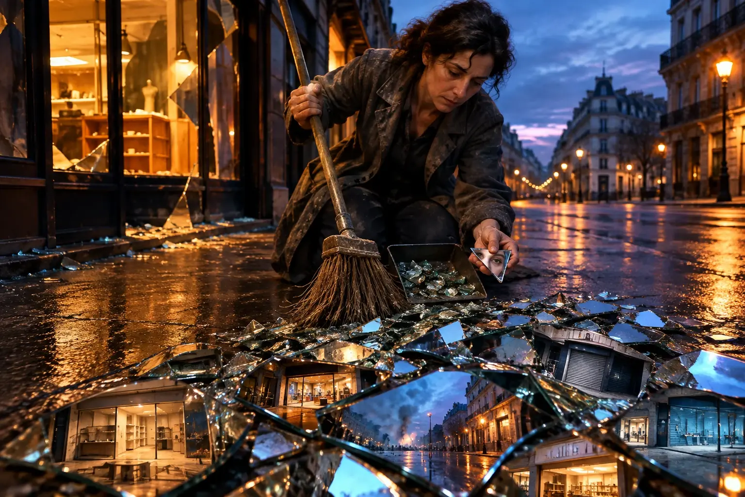 Een uitgeputte Franse winkelier veegt glasscherven bijeen; elke scherf spiegelt een andere lege etalage, tot een groeiend mozaïek van de getroffen straat.