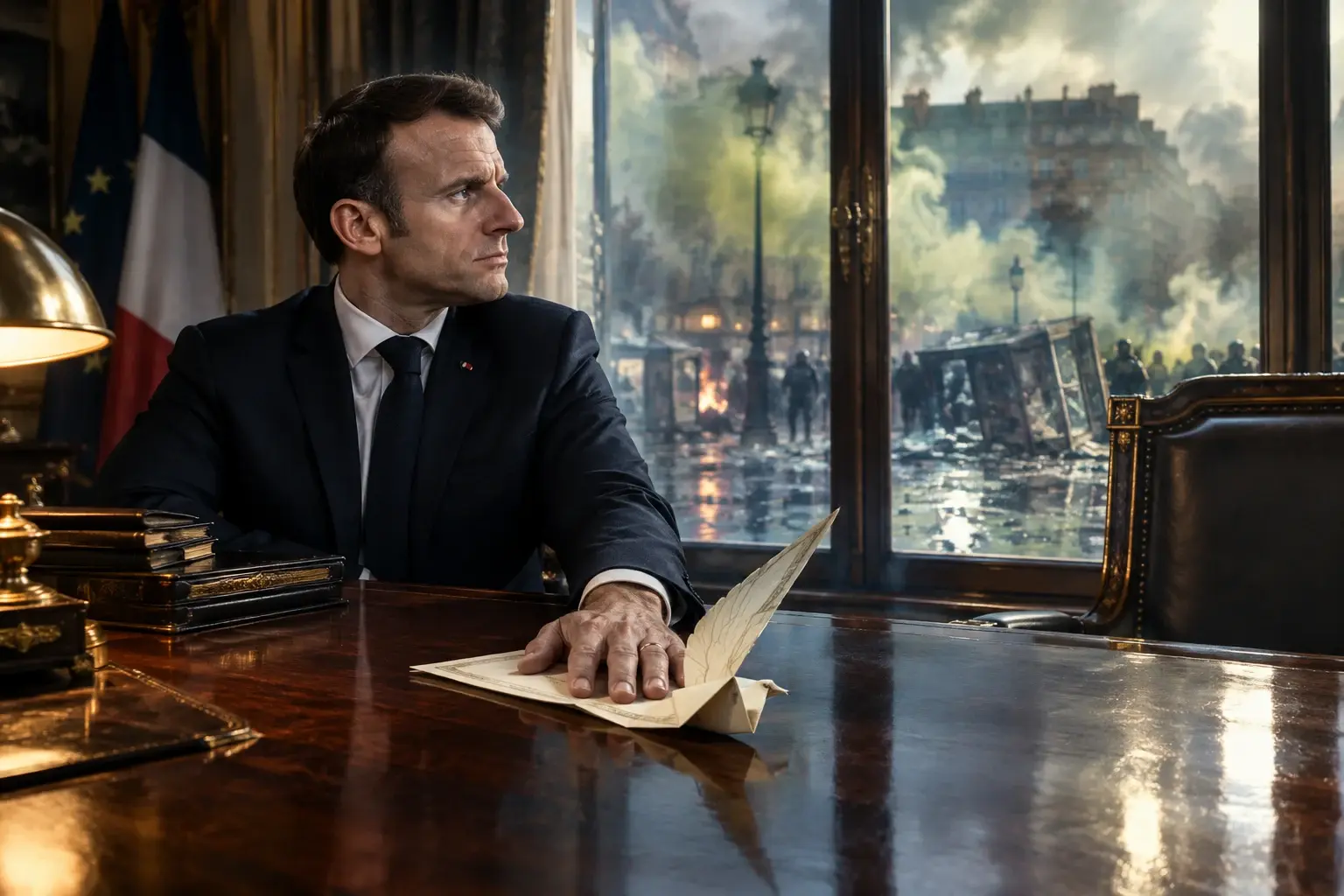Emmanuel Macron houdt op het Élysée een gevouwen ontslagbrief als papieren vogel onder zijn handpalm, met door het raam rook boven een geplunderde Parijse straat.
