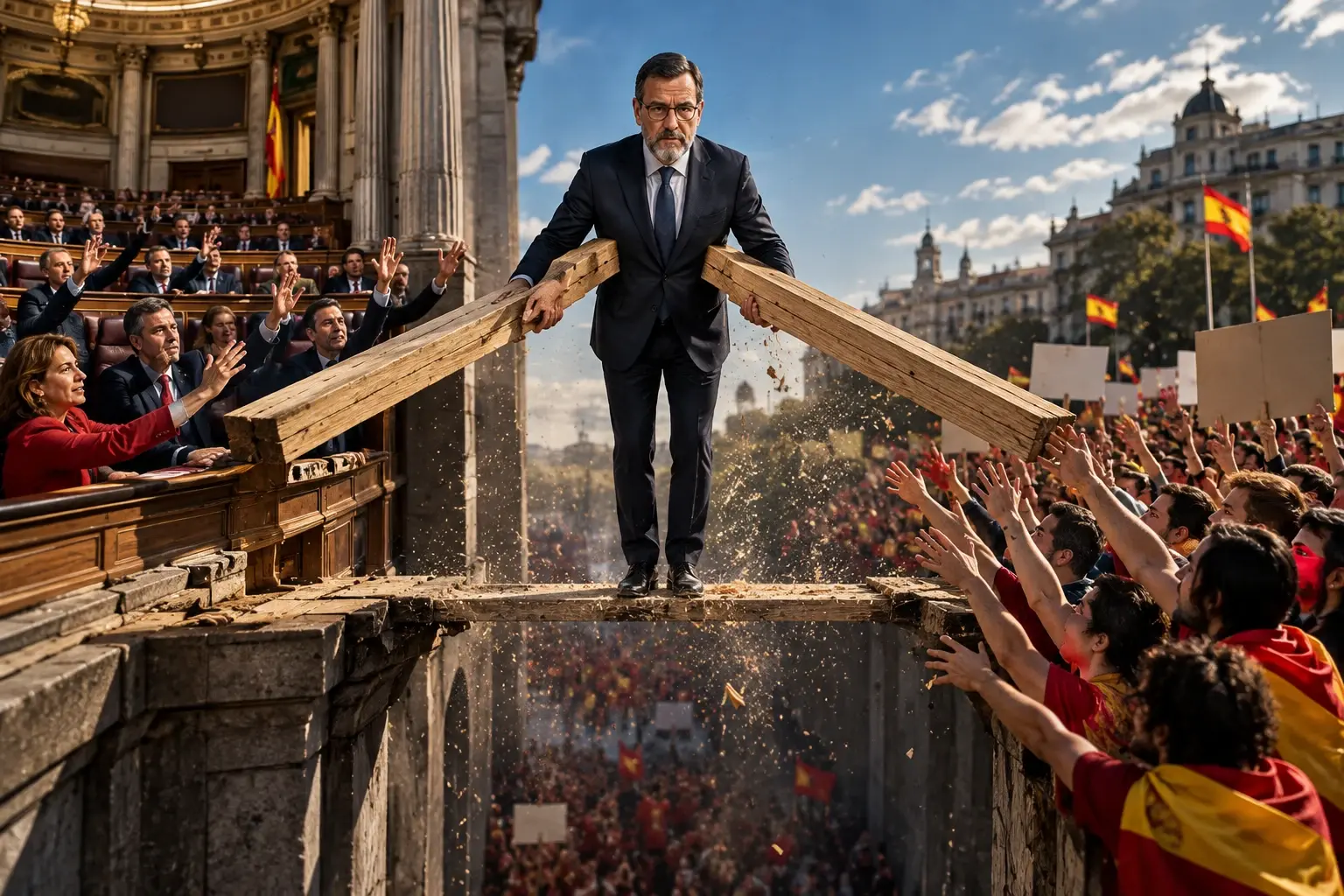 Pedro Sánchez staat op een brug die uit de planken in zijn armen bestaat; van beide oevers wordt gezaagd en onder zijn voeten verdwijnt het dek.