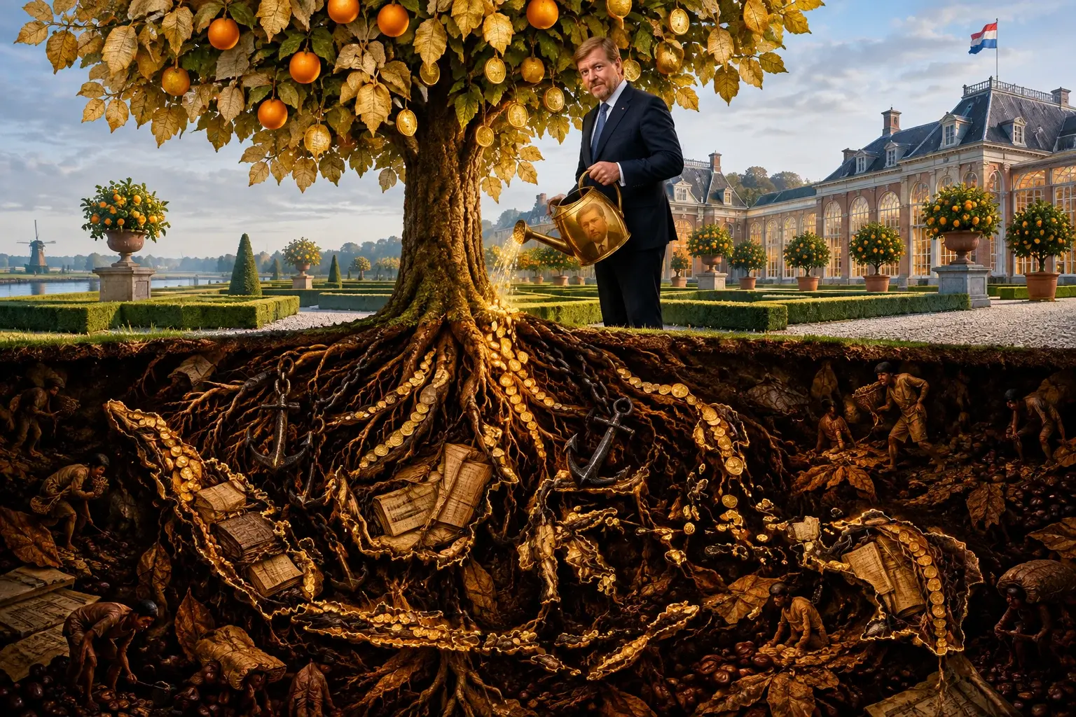 Koning Willem-Alexander geeft water aan een oranjeboom; onder de grond is het wortelstelsel een koloniaal systeem van kettingen, ankers en munten in de vorm van Indonesië.