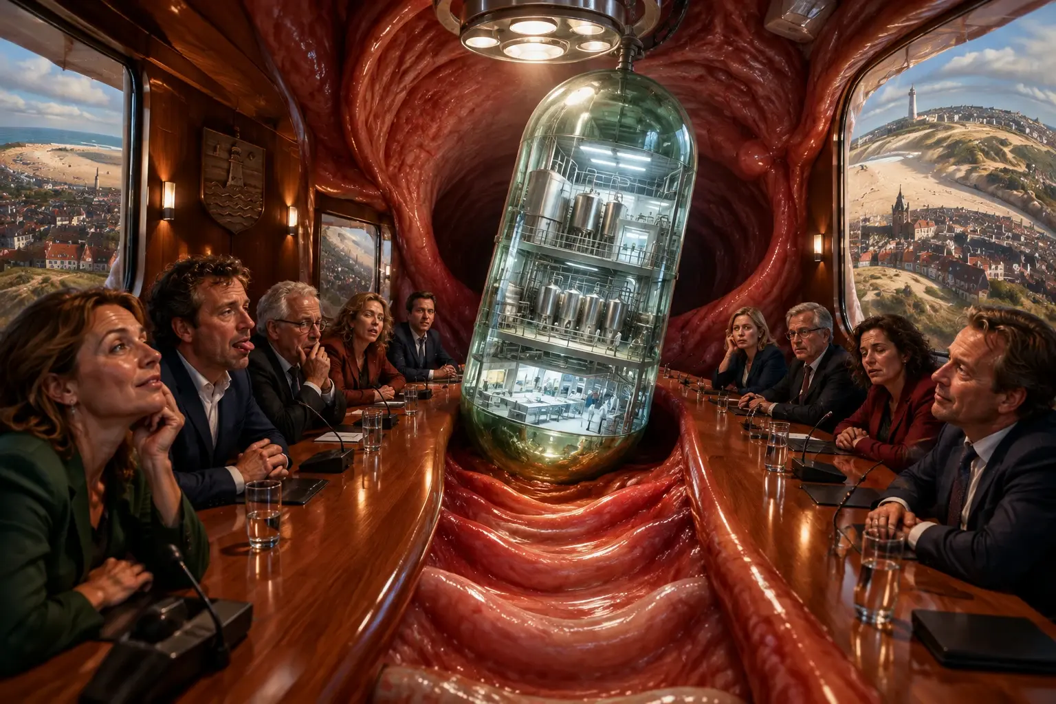 De Katwijkse gemeenteraadszaal als enorme maag: raadsleden kijken toe hoe een reusachtige capsule die de Eli Lilly-fabriek bevat door de zaal wordt geduwd, terwijl buiten het dorp opzwelt.