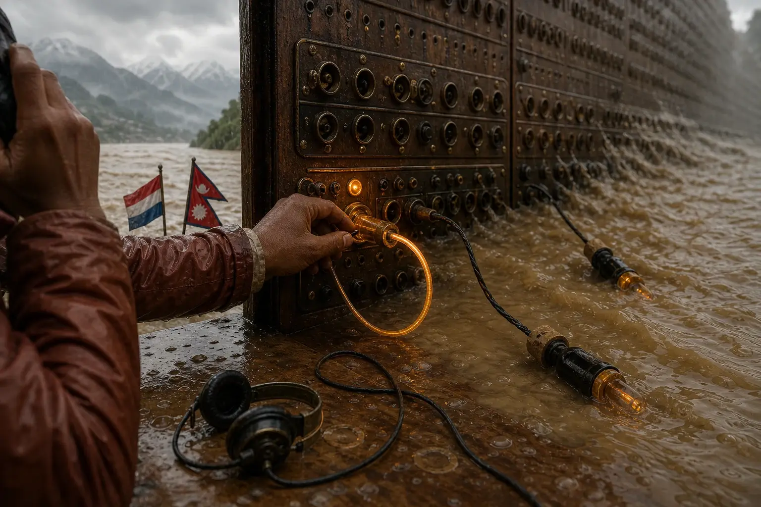 Een contactmedewerker sluit één gloeiende kabel op een schakelpaneel dat in Nepalees overstromingswater verdwijnt, terwijl twee intacte stekkers wegdrijven.