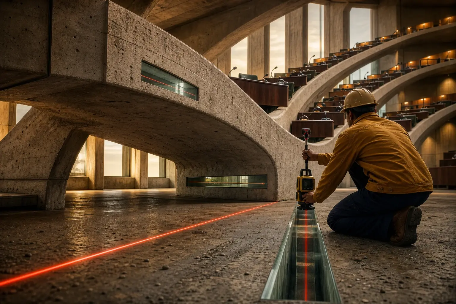 Een landmeter meet door een glazen sleuf een rode lijn die onder een enorme, in uitsluitend stijgende conferentiegangen vertakte betonvloer gevangen ligt.