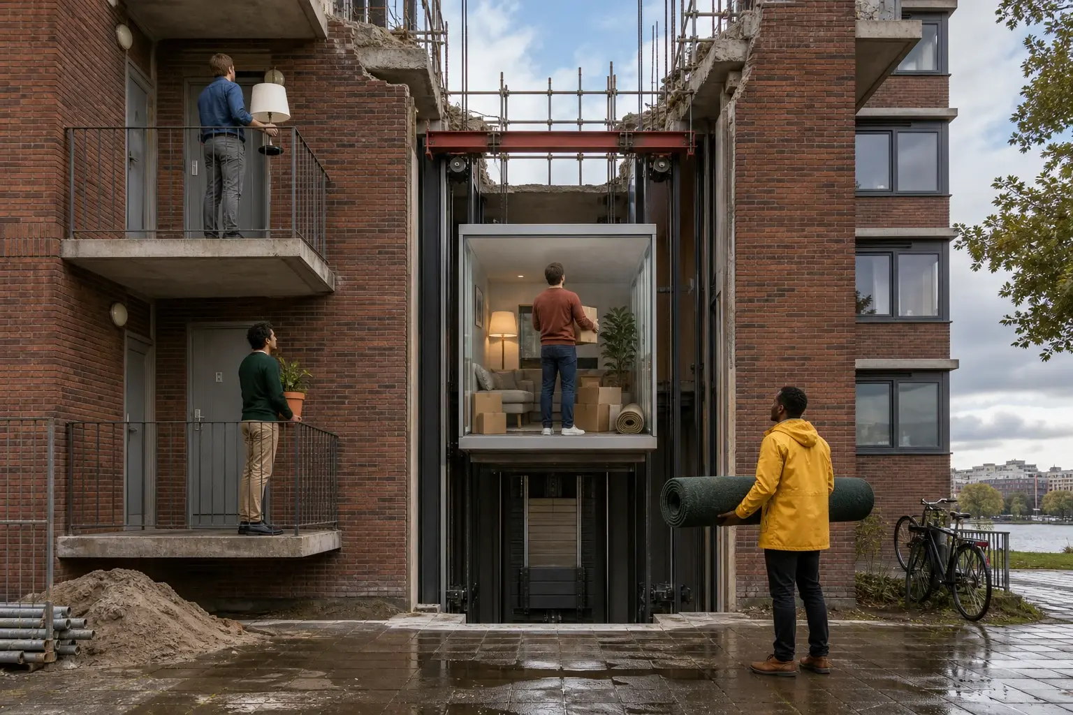 Een woonkamer als liftcabine blijft steken onder een onafgebouwde verdieping, terwijl vier bewoners met verhuisbezit op verschillende etages wachten.