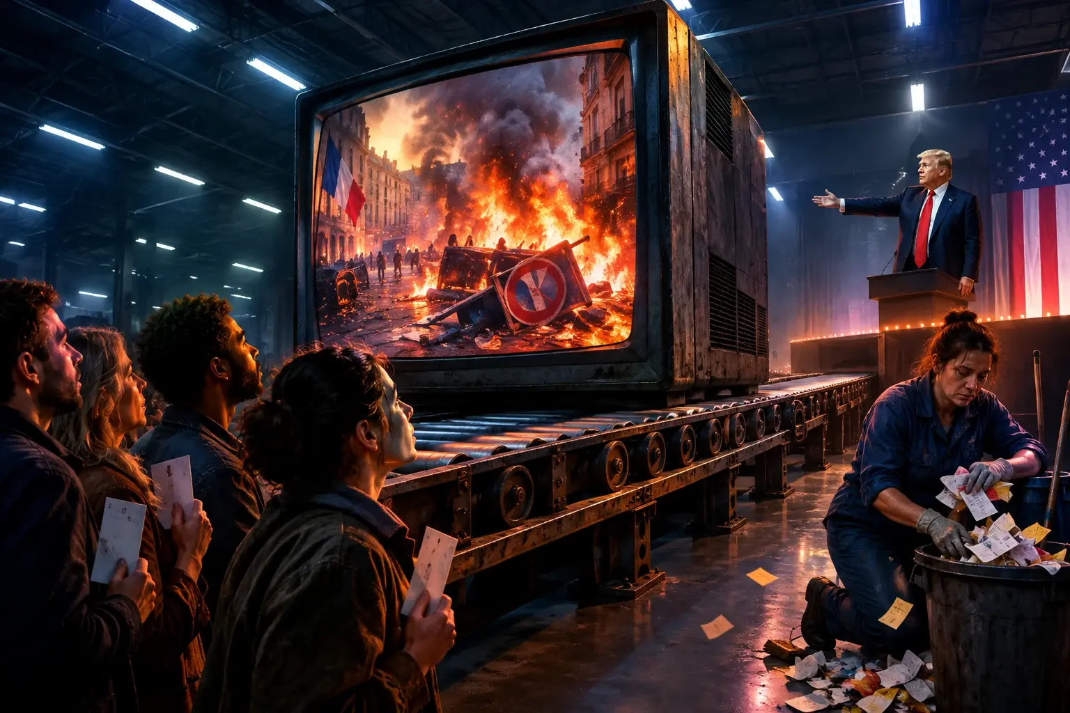 Een transportband rijdt een brandend Frans straatbeeld als groot tv-scherm een campagnehal binnen, waar Donald Trump het vuur aanwijst en een schoonmaker prijskaartjes wegveegt.